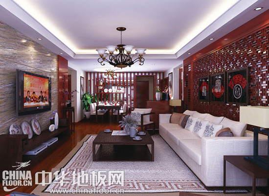 这套新中式装修以现代手法演绎传统中式,选用的红色实木地板,呈现出